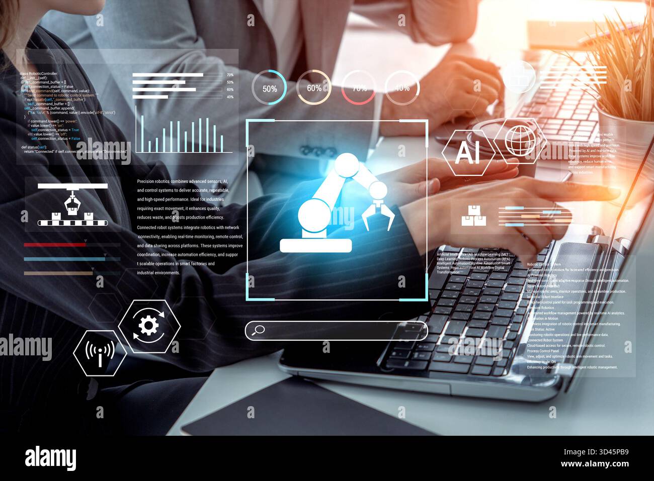 Robotic process automation enhances industrial efficiency through AI integration, intelligent control, and data-driven automation, improving workflow Stock Photo