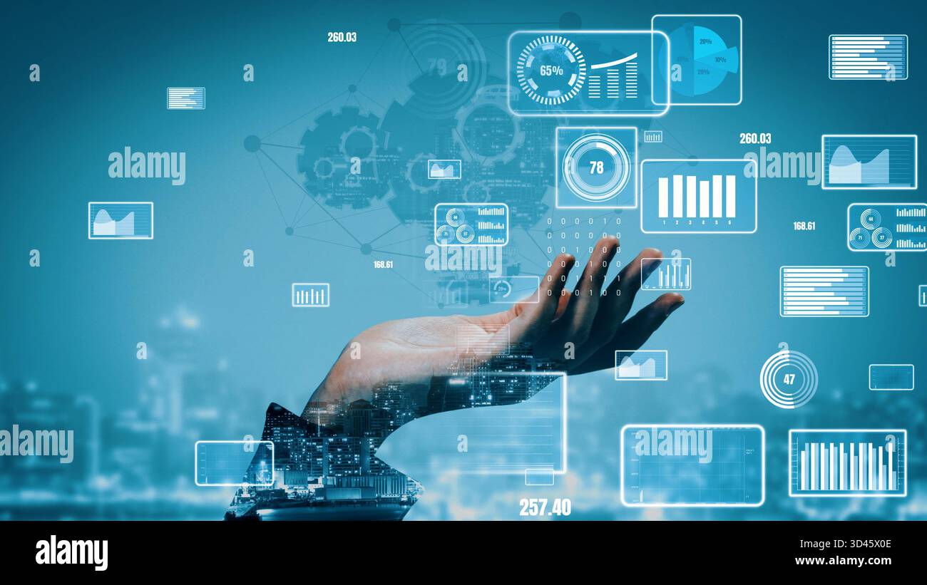 A hand reaches out against a backdrop of a city skyline, showcasing a digital interface with data visualizations. This image represents innovation and Stock Photo
