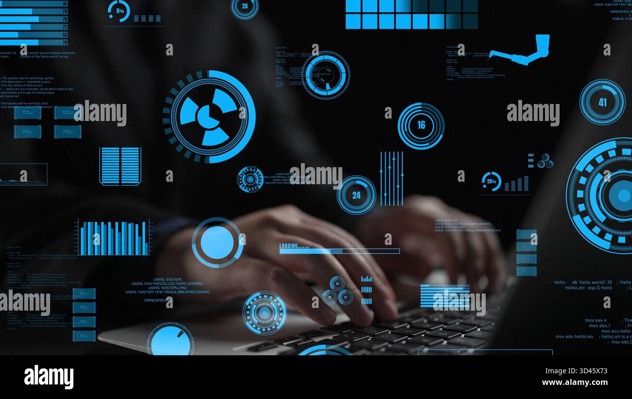 A businessman works on a laptop, immersed in a vibrant digital interface featuring graphs and charts, highlighting the dynamic relationship between Stock Photo