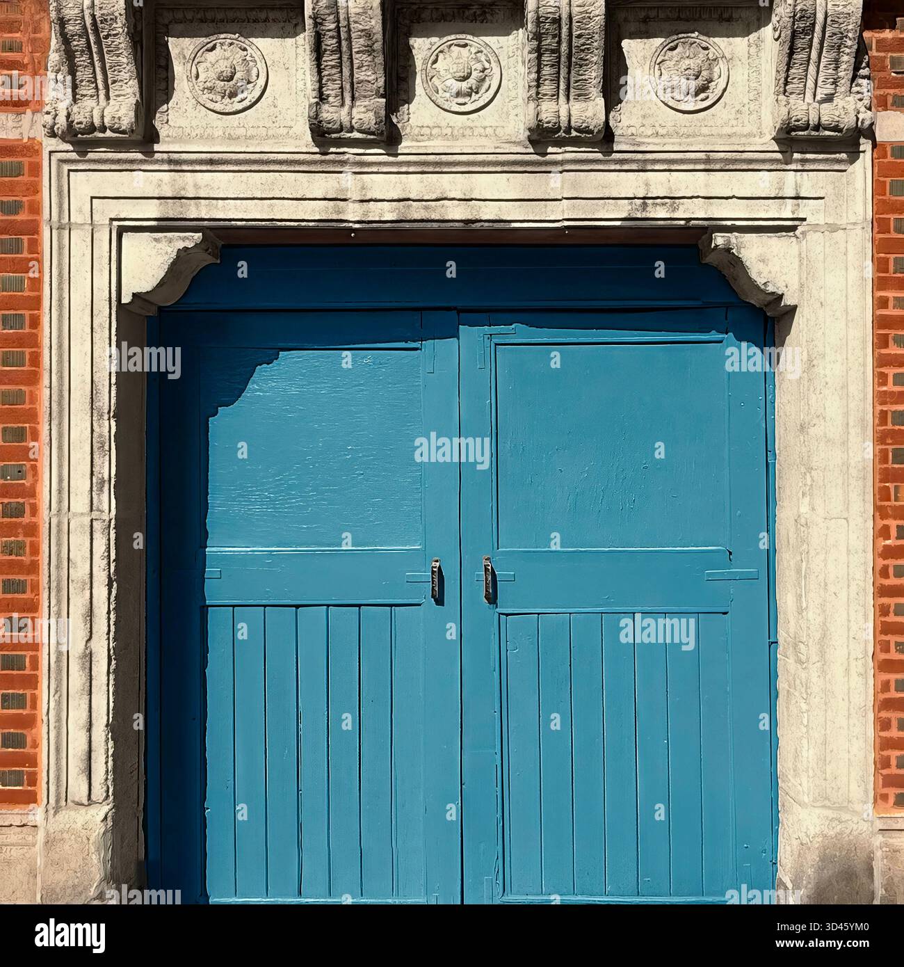 Blue gate set in red brick and limestone, blending urban geometry with the timeless architectural texture of Chicago - Smartphone Captured Stock Image