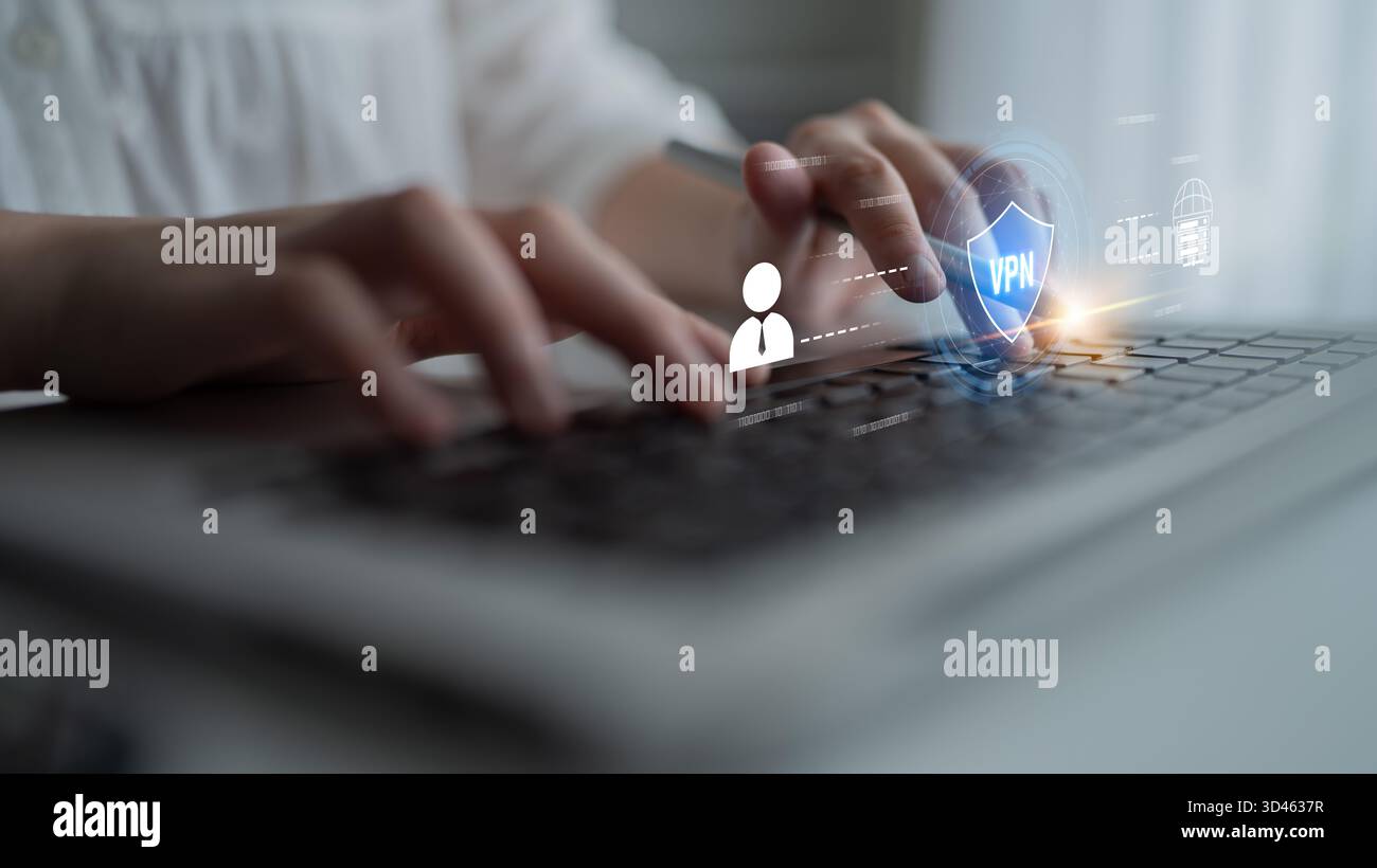 VPN security protects network access. VPN security encrypts data, hides identity, VPN security defends traffic, and VPN security secures connection Stock Photo