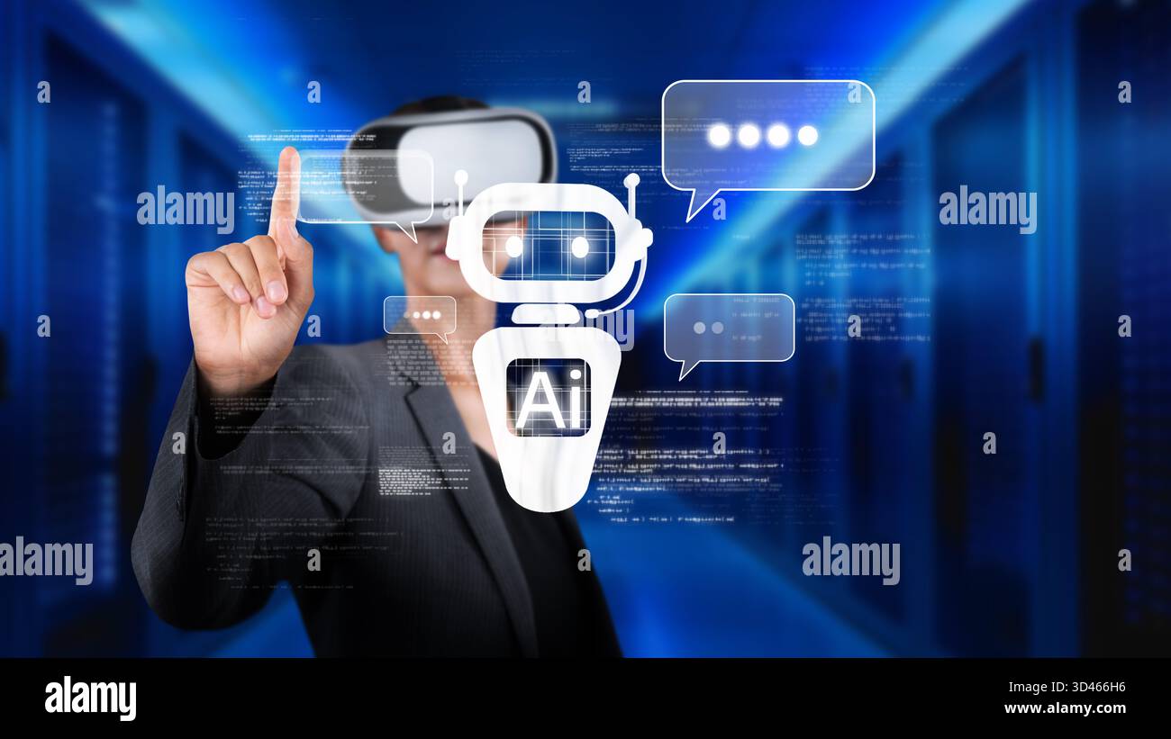This image showcases an innovative AI chatbot concept interacting in a virtual reality setting, blending automation and machine learning in a Stock Photo