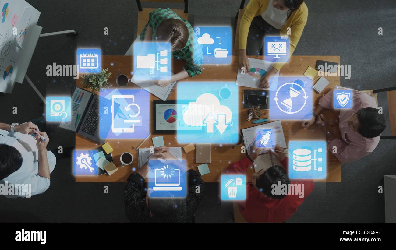 Cloud backup system connects devices through a secure data backup network. Data backup ensures protection, data backup reliability, and recovery Stock Photo
