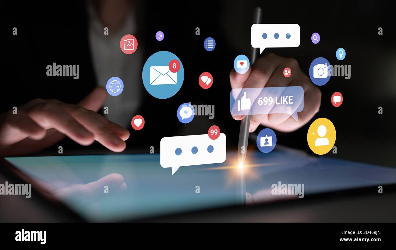 Multiple social media icons, likes, messages, and notifications ...