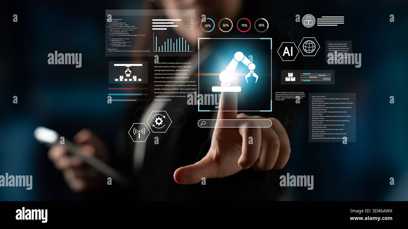 Robotic process automation enhances industrial efficiency through AI integration, intelligent control, and data-driven automation, improving workflow Stock Photo