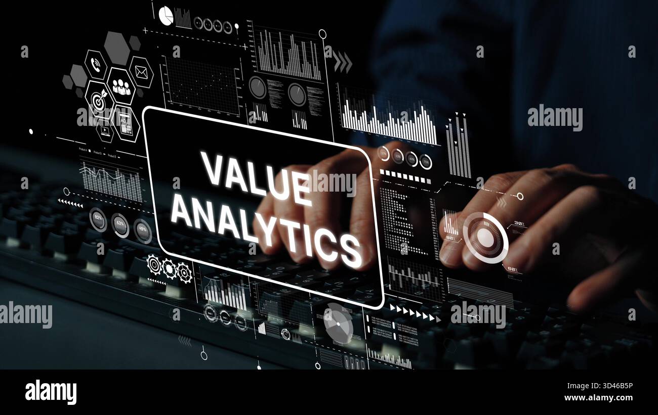 Hands Typing on Keyboard with Digital Value Analytics Display and Data Visualization Graphics in a Dark Environment. Asymptotic smart data analytic. Stock Photo