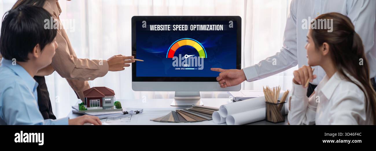 Computer software evaluating website loading speed. Concept of improving website loading speed brisk. Stock Photo