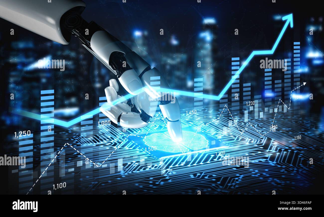 A robotic hand interacts with a digital interface, showcasing fluctuating graphs and data points, symbolizing the future of technology, analytics, and Stock Photo