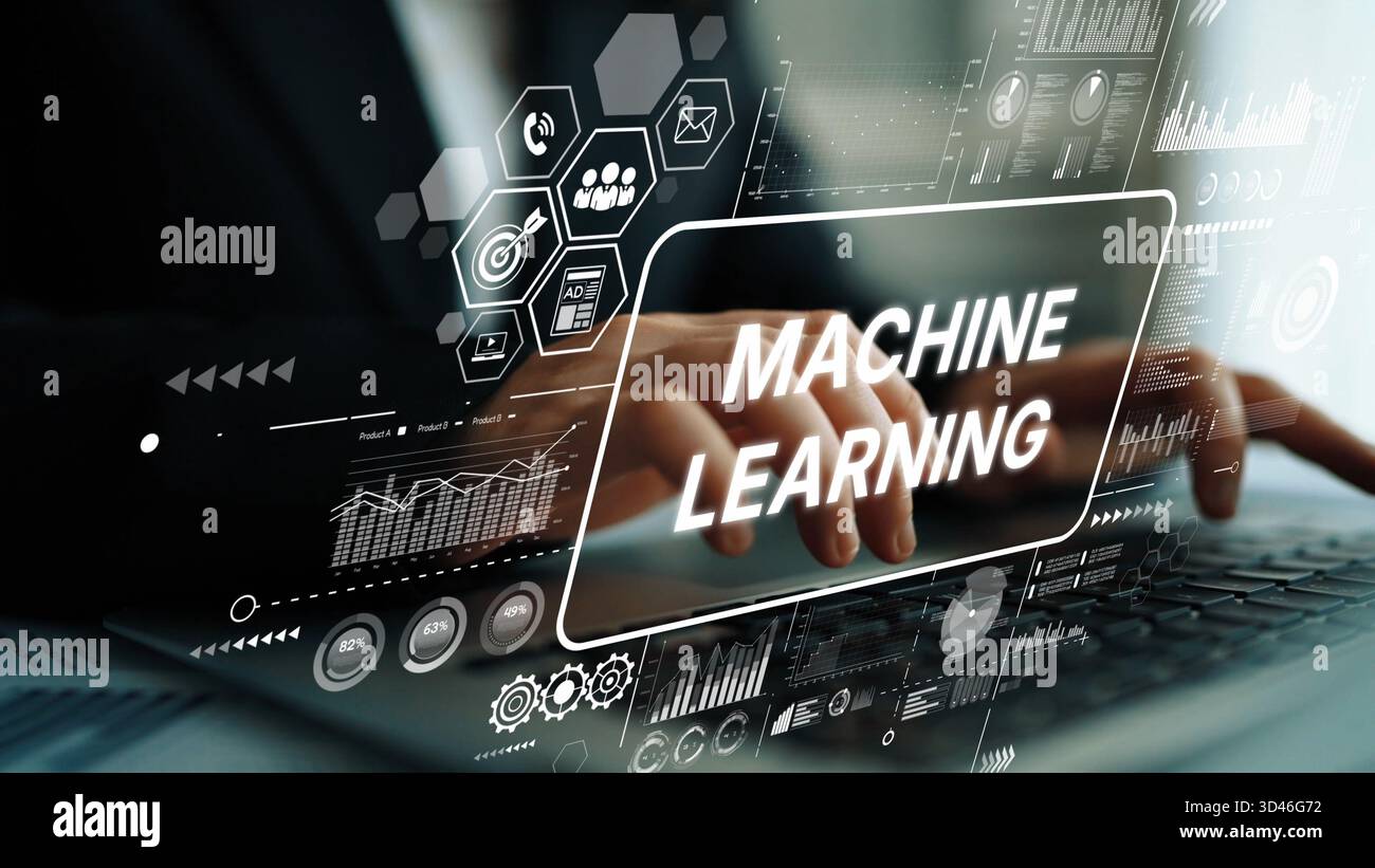 Business Professional Engaged in Machine Learning with Digital Interface and Data Visualizations for Innovation and Technology. Asymptotic smart data Stock Photo