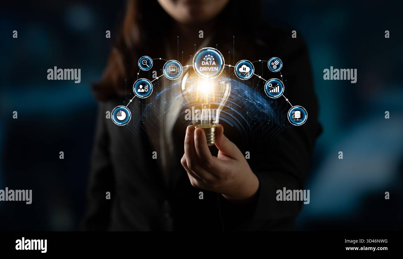 Data-driven decision-making empowers business through analytics, datum collection, and AI systems. Data driven tools support cloud data processing and Stock Photo