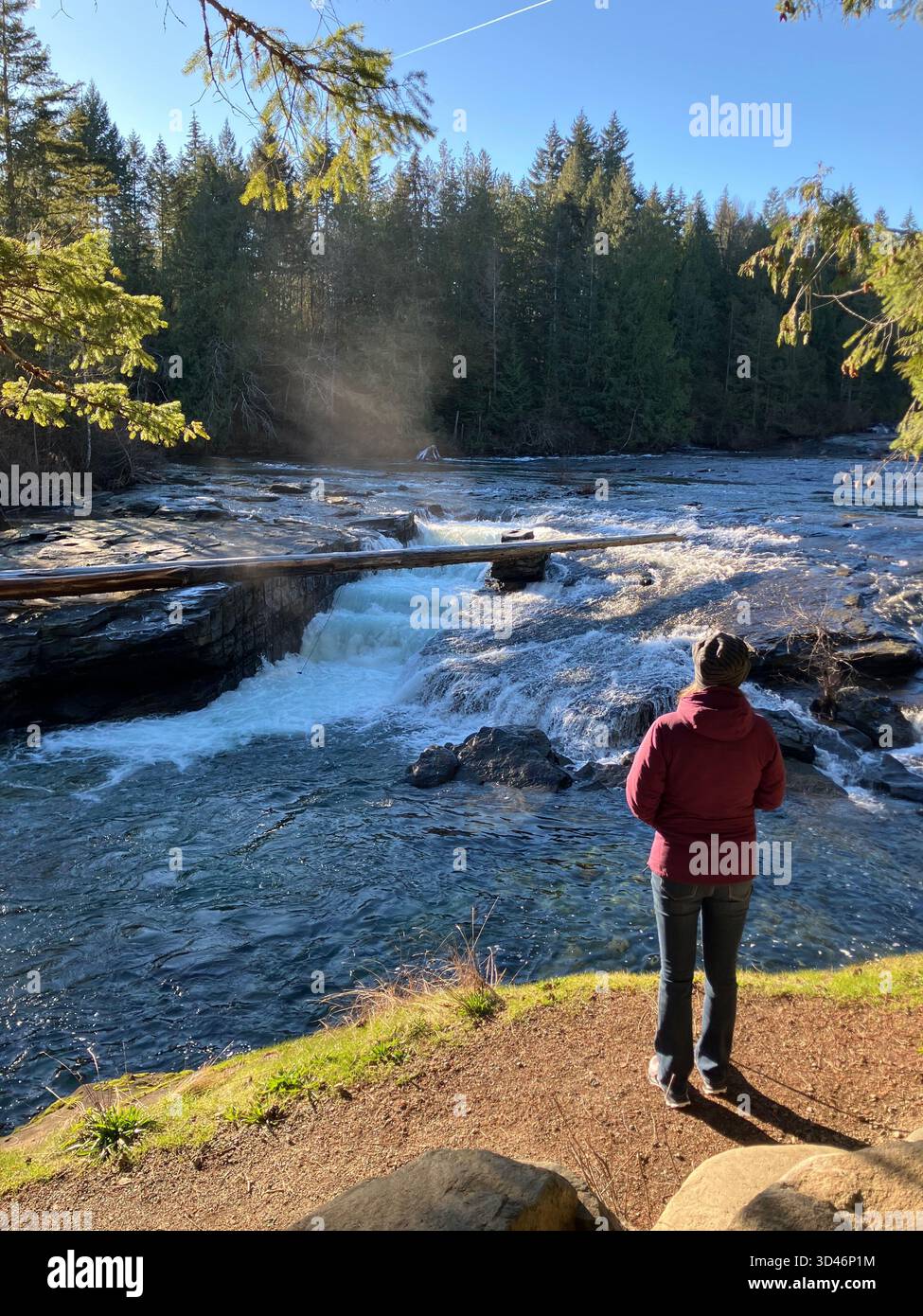 Woman standing on riverbank at Nymph Falls, Puntledge River, Comox Valley, Vancouver Island, British Columbia, Canada Stock Photo