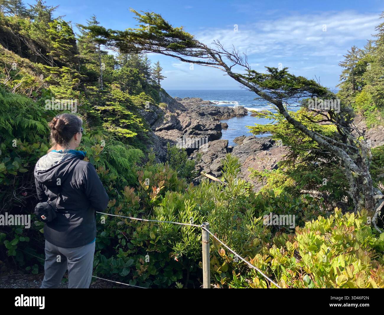 Female hiker enjoying the view from the Lighthouse Loop section of the Wild Pacific Trail in Ucluelet, Vancouver Island, British Columbia, Canada - Smartphone Captured Stock Image