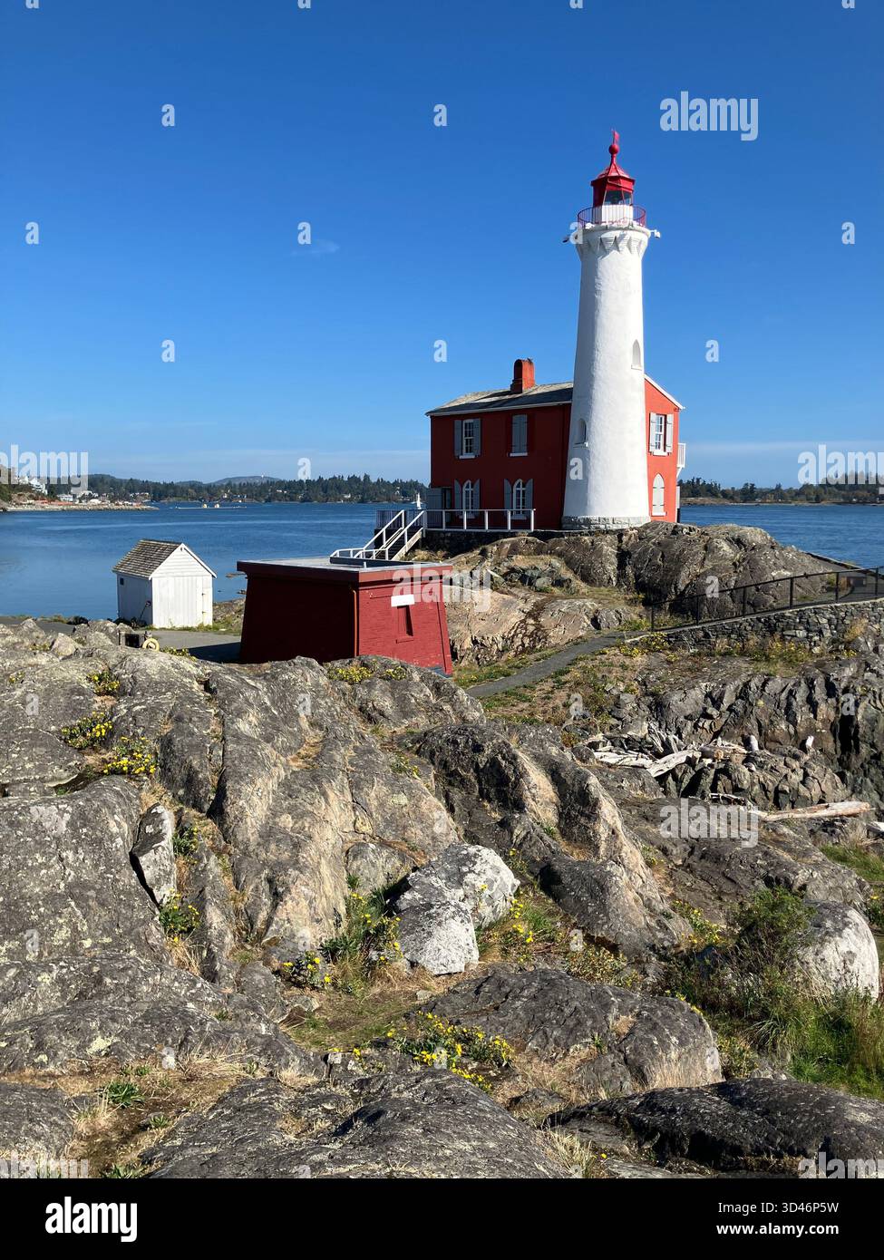 Fisgard Lighthouse, first lighthouse on the west coast of Canada. Fisgard Lighthouse National Historic Site, Victoria, Vancouver Island, BC, Canada. - Smartphone Captured Stock Image