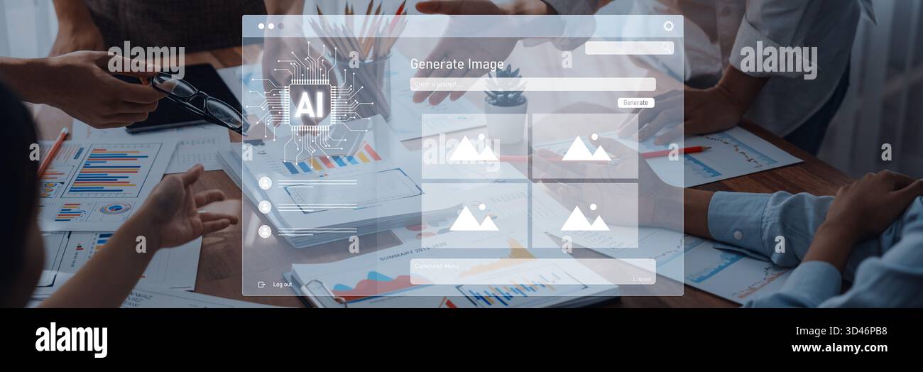 Modern workspace features digital interface for AI image generation ...
