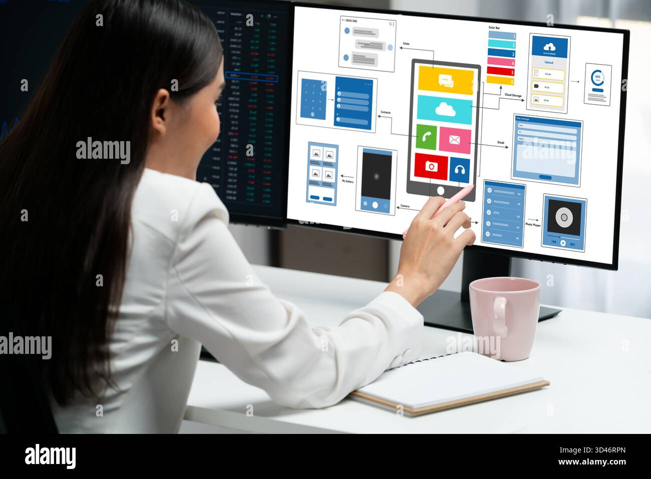 UX UI design process for brisk mobile application and website . Creative prototype of wireframe for professional app developer . Stock Photo
