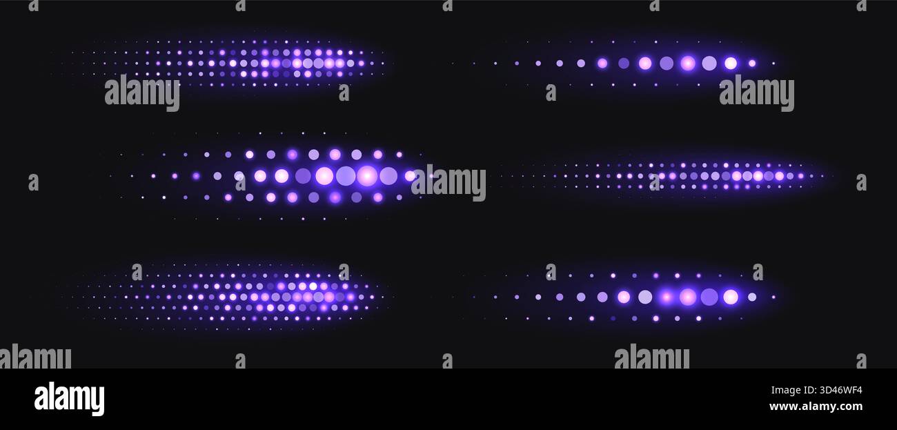 Purple halftone shapes, glowing dynamic elements made from sparkling dots. Stock Vector