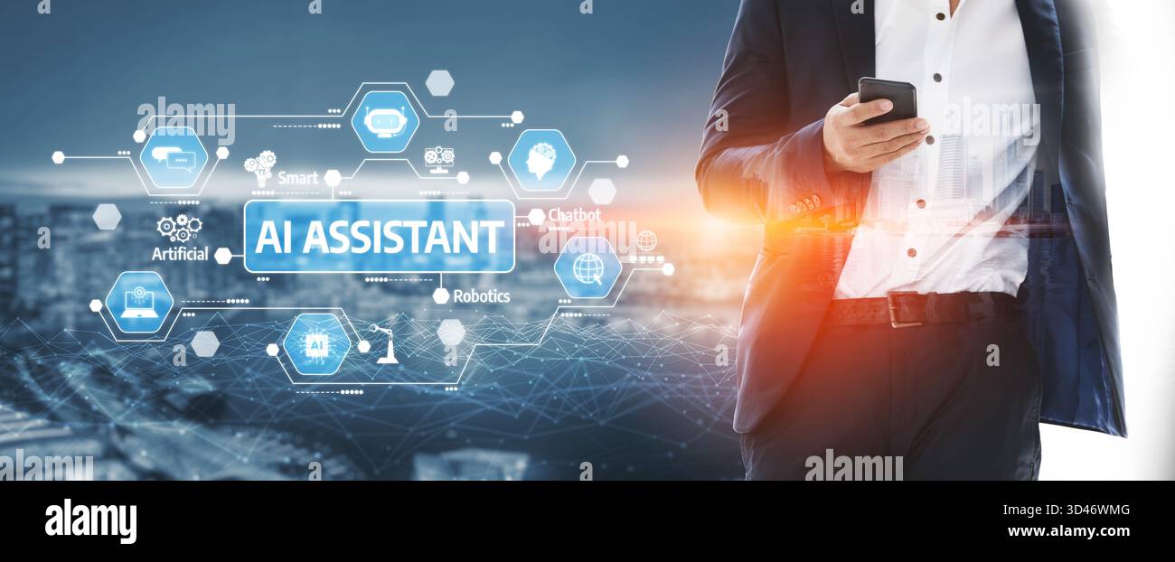 A businessman interacts with a smartphone displaying innovative AI ...