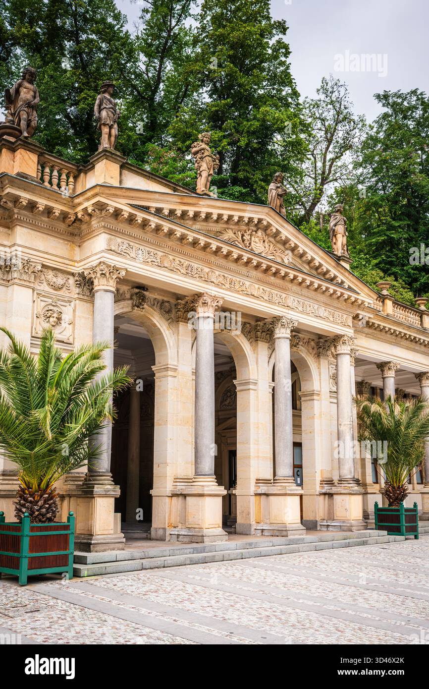 The 19th-century  Neo-Renaissance Mill Colonnade in Karlovy Vary, Czech Republic houses several hot springs and is a symbol of the Spa Town. Stock Photo