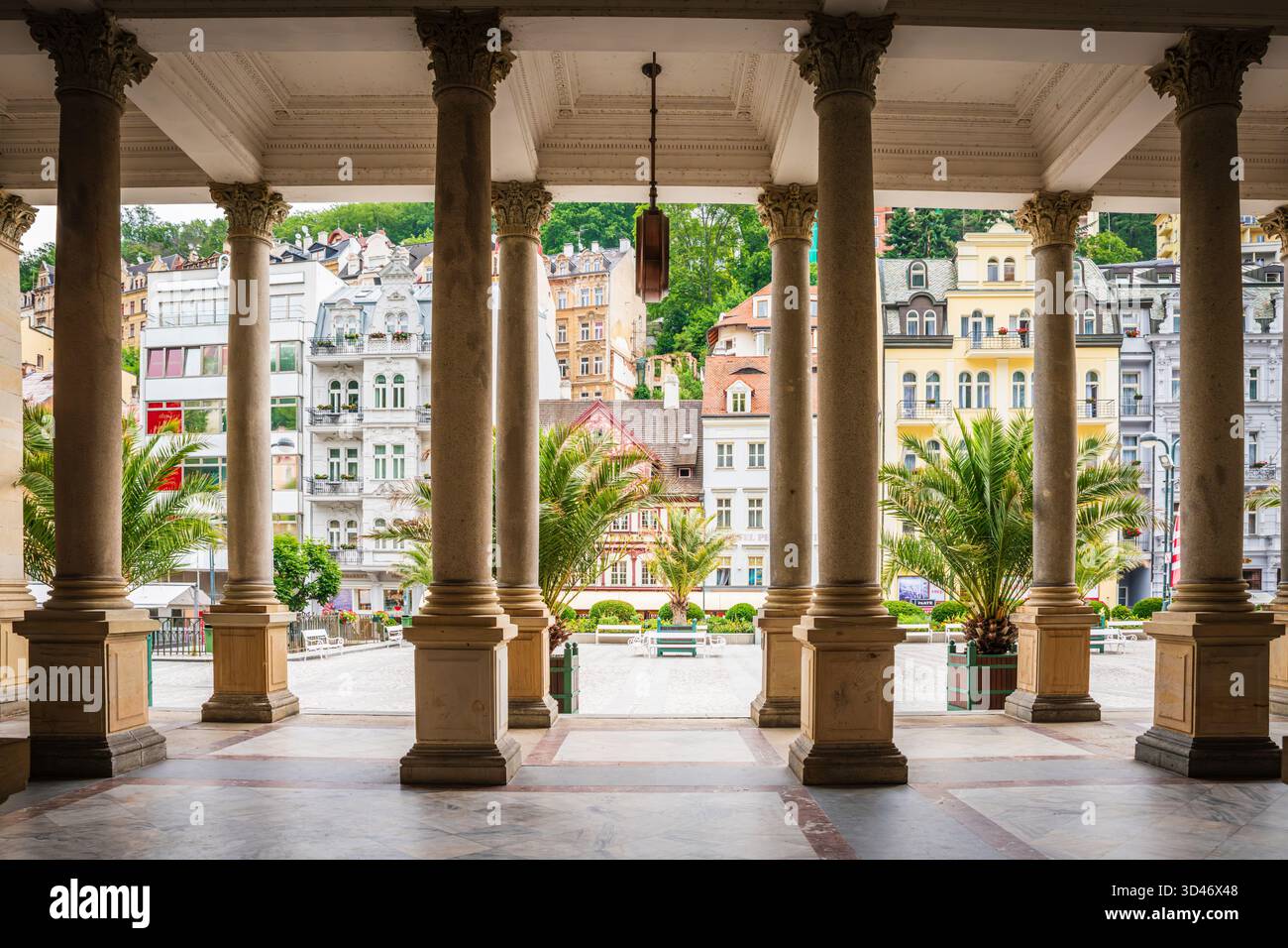 There are 124 Corinthian columns at the 19th-century  Neo-Renaissance Mill Colonnade which houses several hot springs and is a symbol of the Spa Town Stock Photo