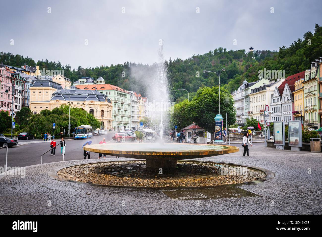 Karlovy Vary, Czech Republic - July 12, 2019: Hot Spring located outside the Hot Spring Colonnade which houses the famous Vridlo geyser. Stock Photo