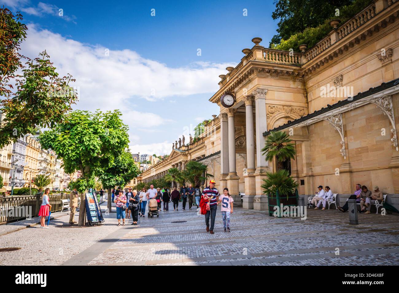 Karlovy Vary, Czech Republic - July 12, 2019: The 19th-century  Neo-Renaissance Mill Colonnade in Karlovy Vary, Czech Republic houses several hot spri Stock Photo