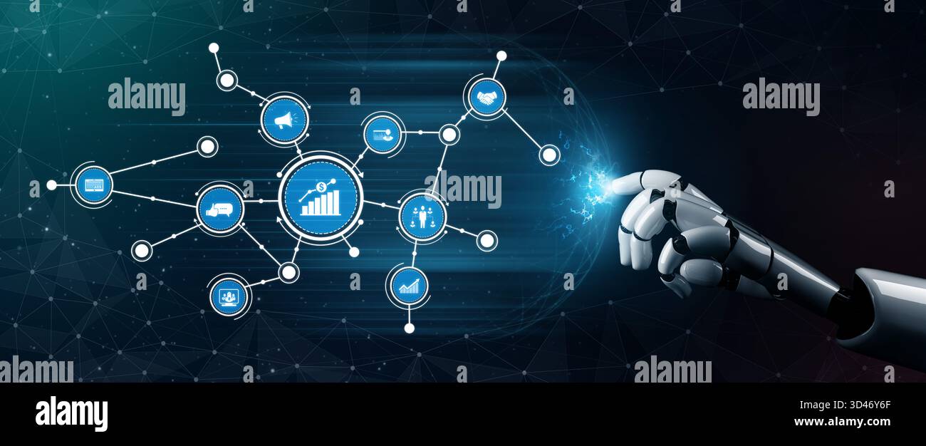 A futuristic robotic hand reaches out to touch digital icons signifying ...