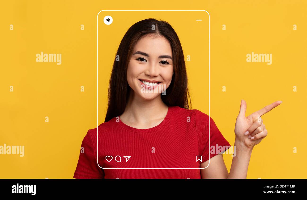 Smiling Woman Showcasing Social Media Frame Against Bright Yellow Background Stock Photo