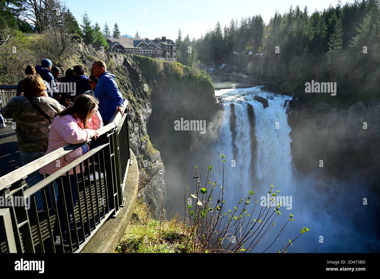 People gather at the viewing platform overlooking Snoqualmie Falls, taking in the mist and beauty of this iconic Pacific Northwest landmark. Stock Photo
