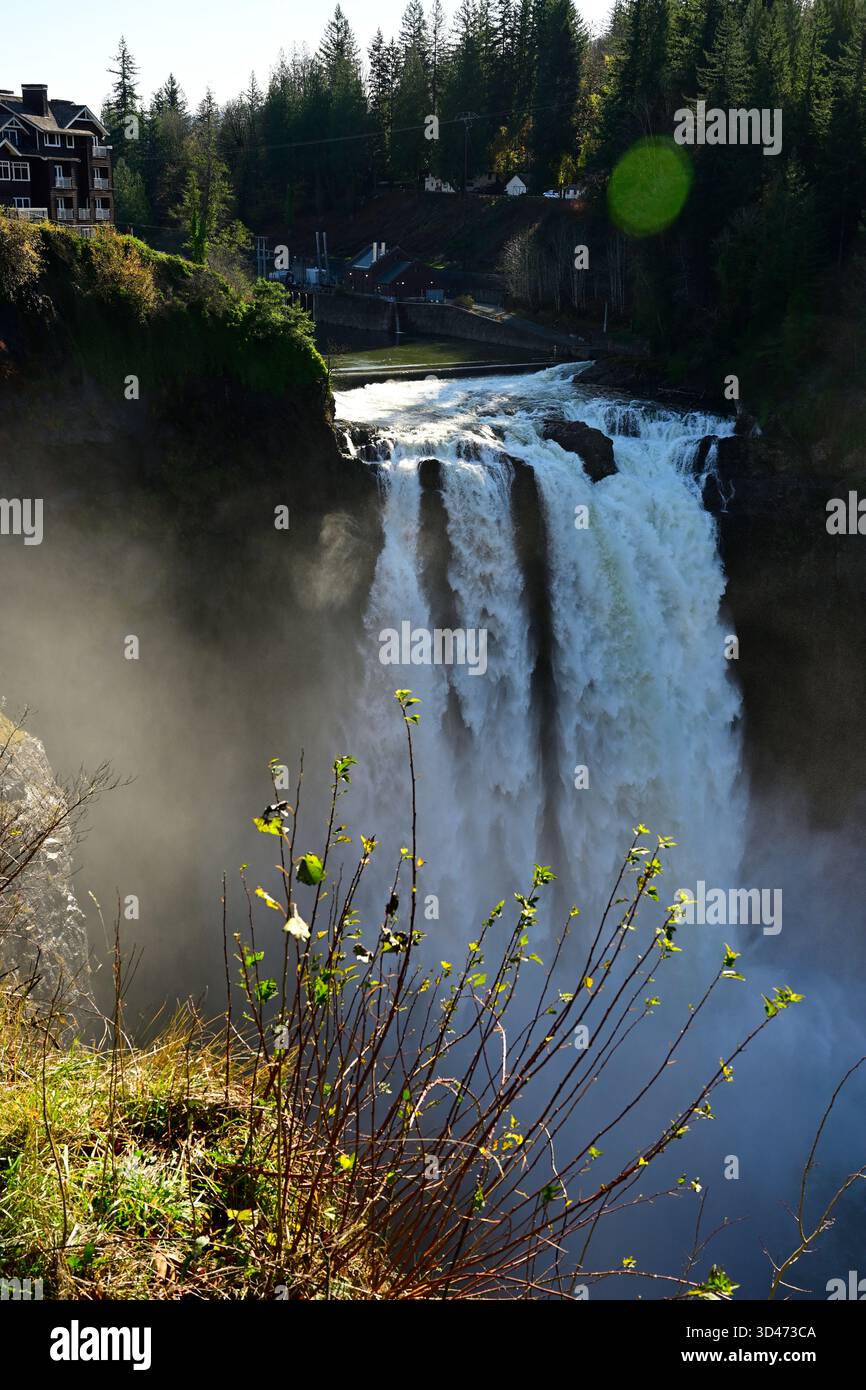Majestic Snoqualmie Falls plunges into the river below, framed by mist and green forest in the Pacific Northwest. Stock Photo