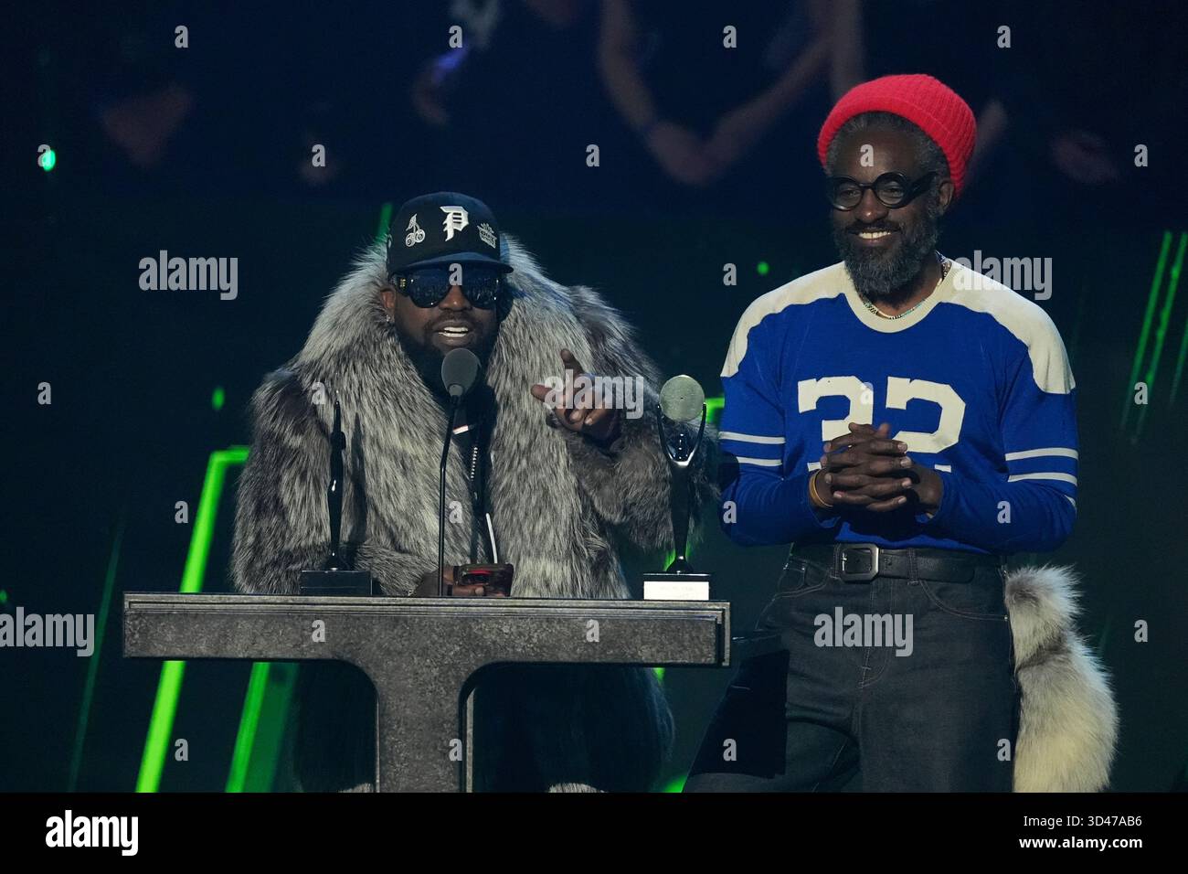 Inductees Big Boi, left and André 3000 of OutKast during the 2025 Rock ...