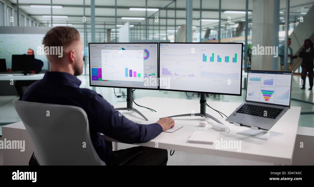 Man Analyzing Market Data On Performance Dashboard For Predictive Business Stock Photo