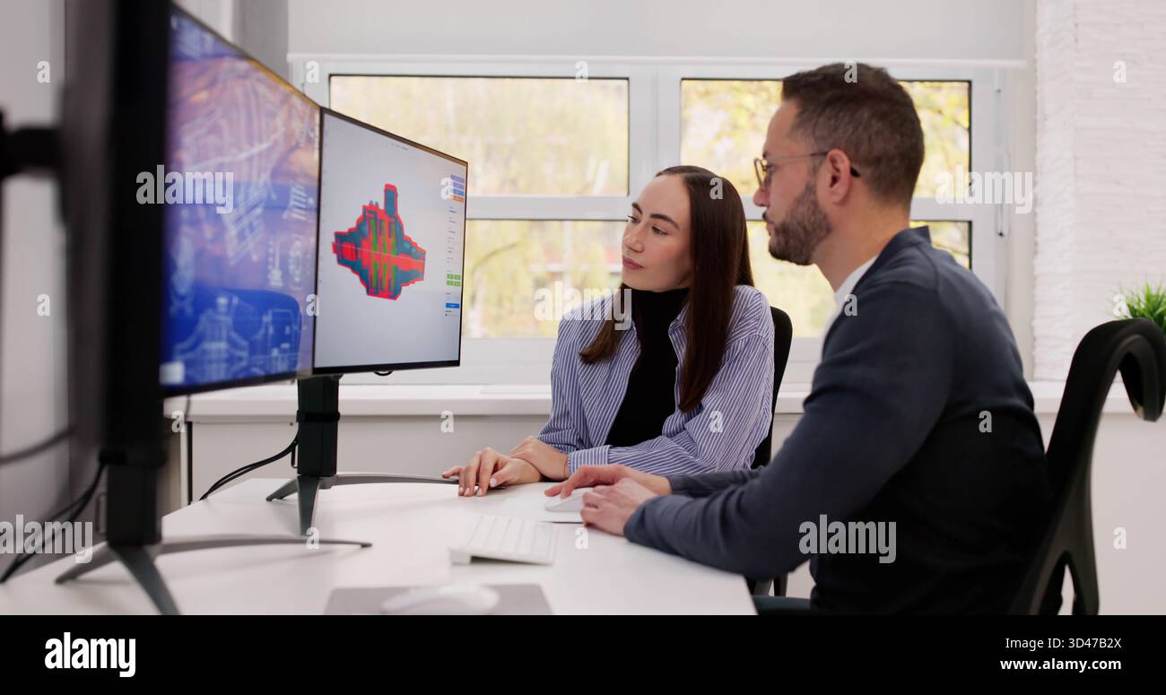 Engineer Training On CAD Software For CNC Mechanical Design And Manufacturing. Stock Photo