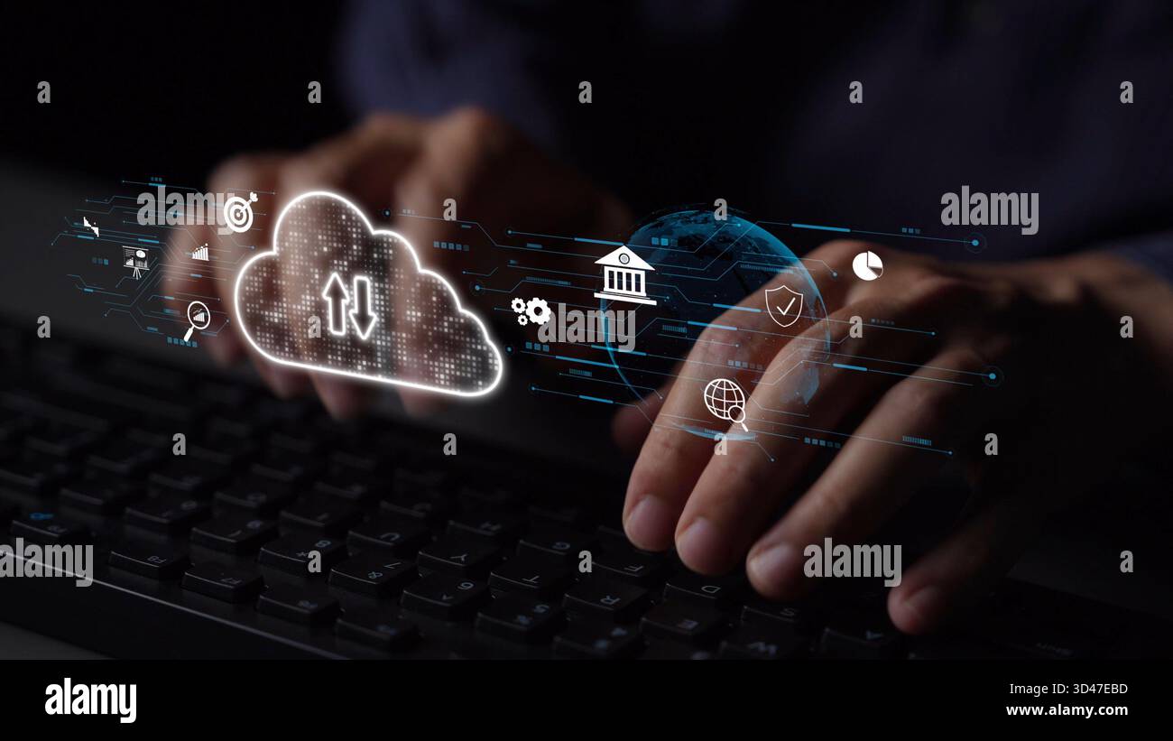 Cloud computing, cloud strategy, and cloud technology transforming digital infrastructure with scalable services, secure data storage, and cloud-based Stock Photo