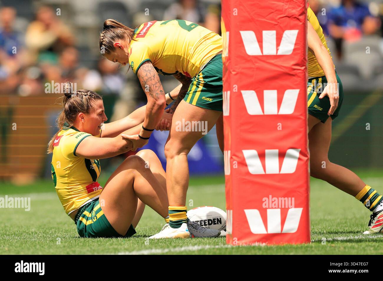 Jessica Sergis of the Jillaroos recovers after scoring a try during the ...