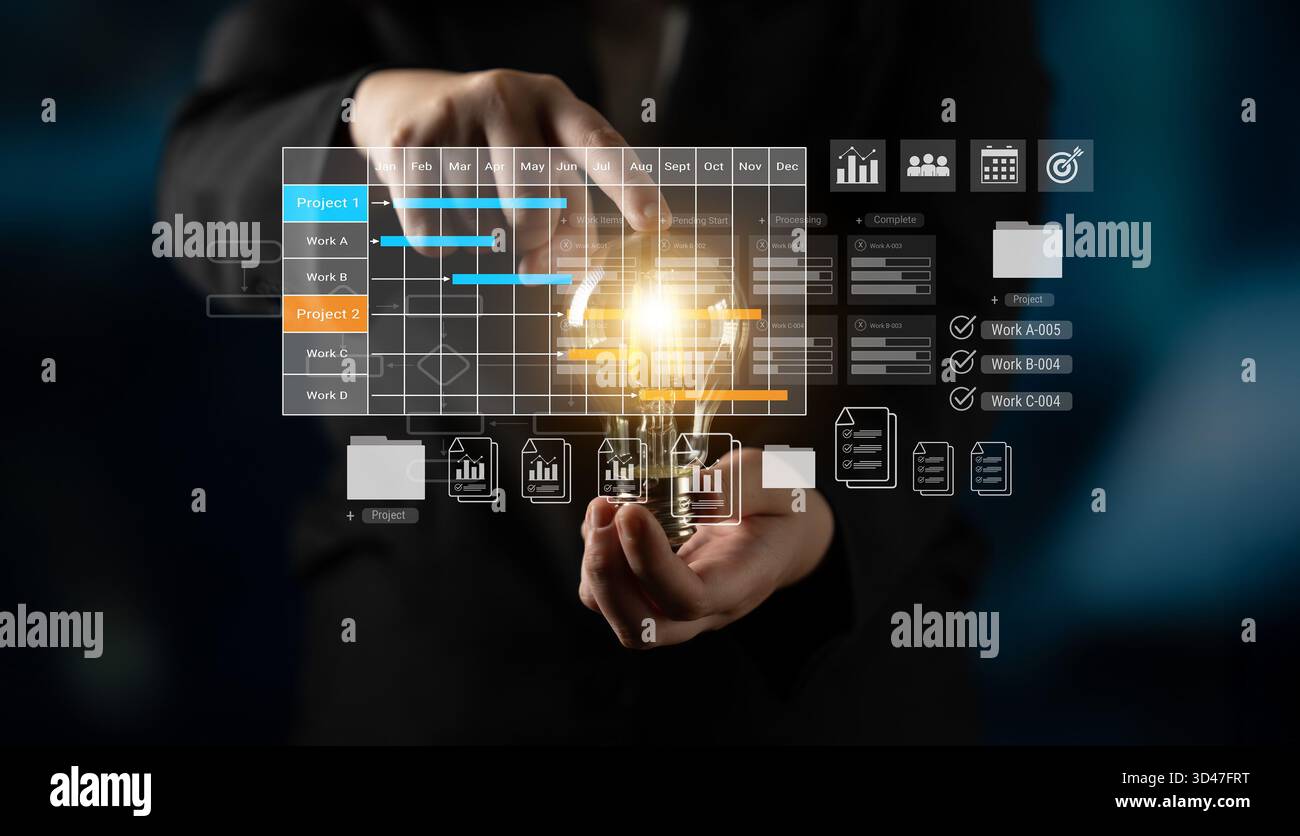 Digital visualization of multiple project timelines with progress tracking, documents, and team collaboration symbols Parse Stock Photo