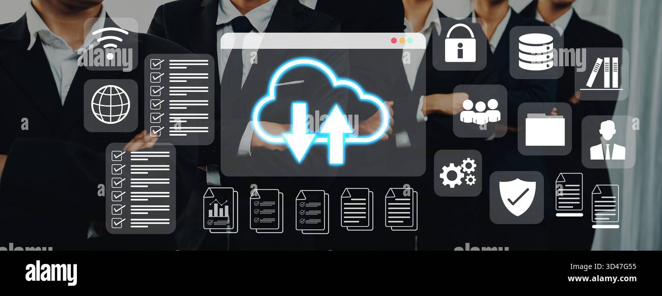 Cloud upload and download icon with surrounding data management, security, and analytics icons in digital interface Parse Stock Photo