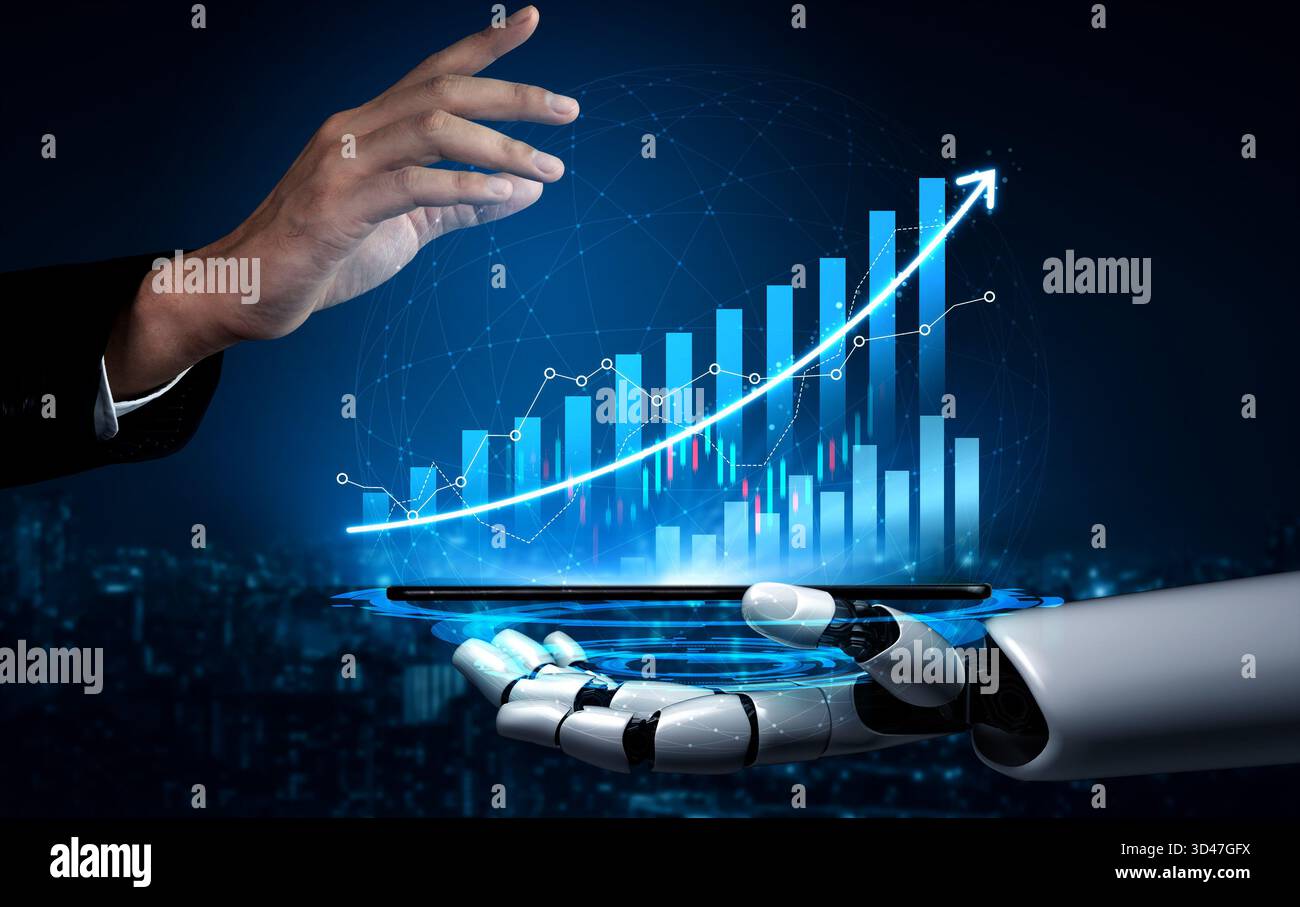 A futuristic scene depicting a human hand engaging with a robotic arm ...