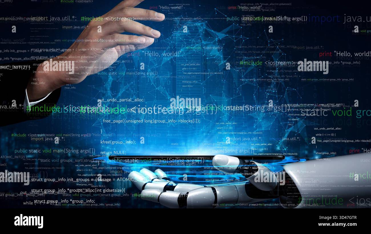 A striking image showcasing the interaction between a human hand and a robotic hand, surrounded by digital code and data visualization, representing Stock Photo