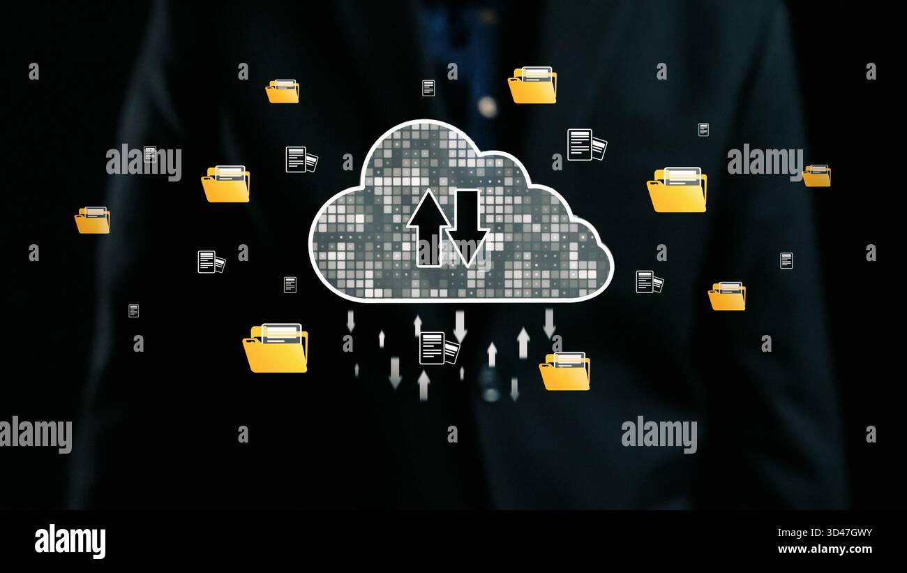 This image illustrates a cloud storage concept featuring upload and ...