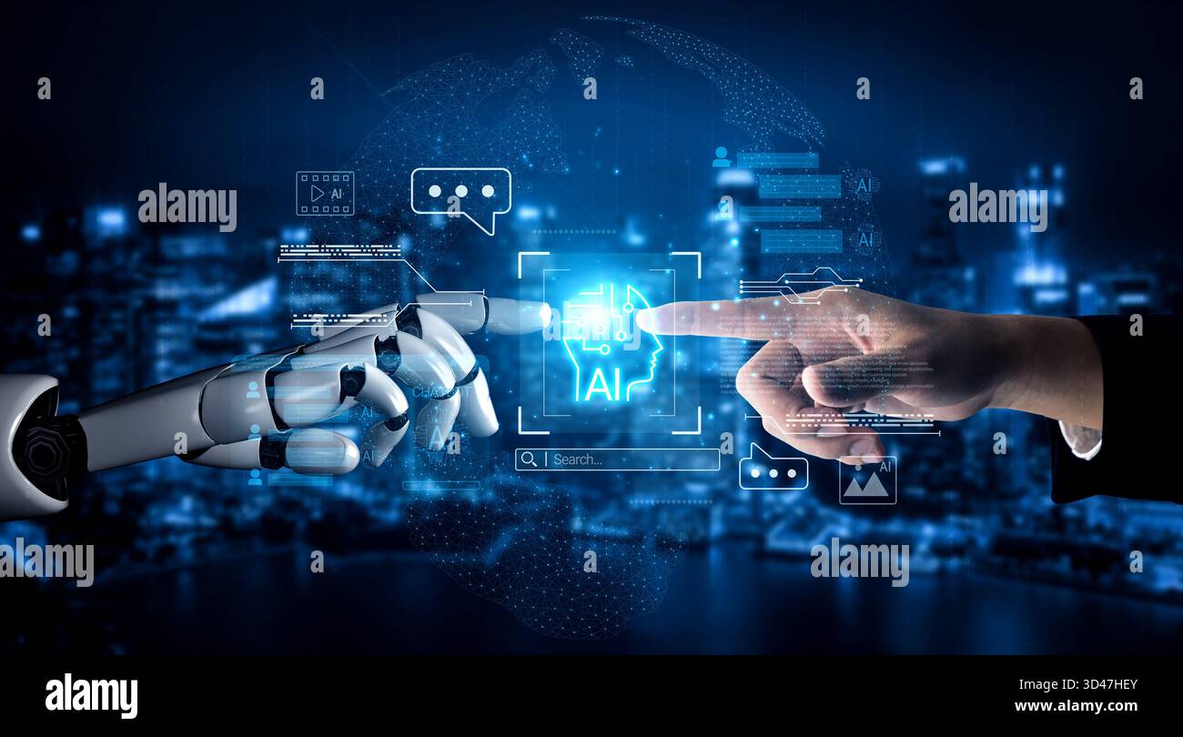 AI chatbot system analyzing user interactions and automating real-time responses, combining data-driven insights with intelligent communication Stock Photo