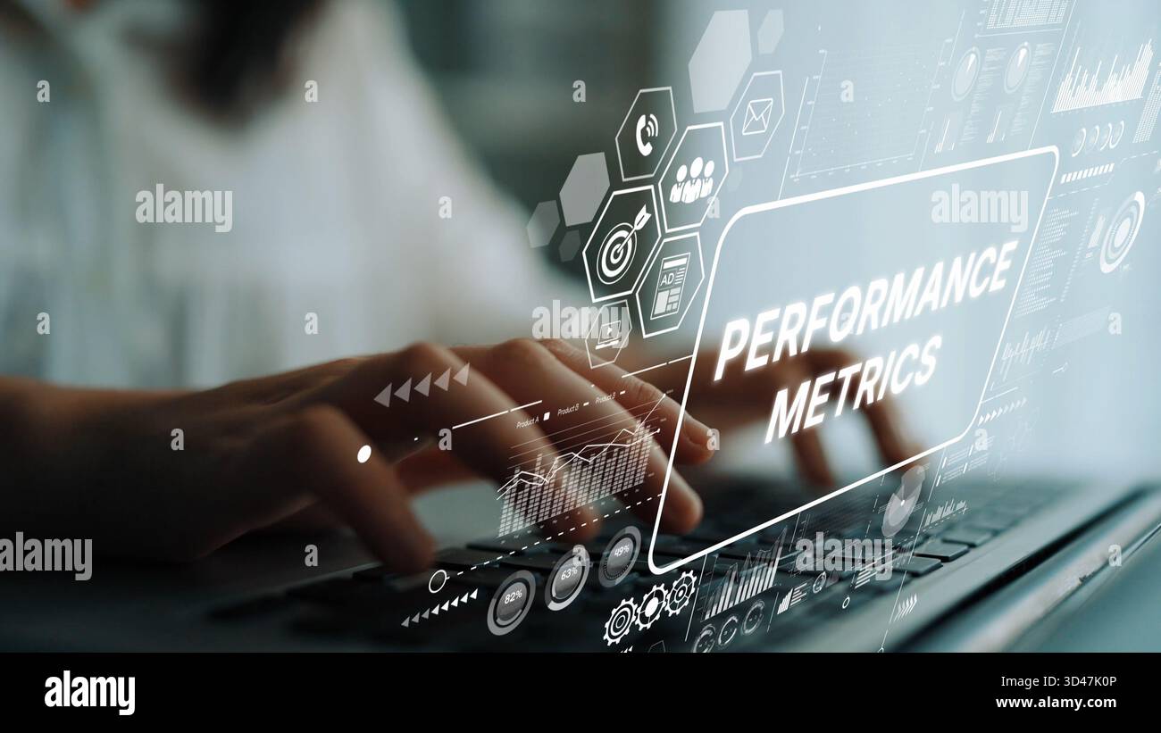 Businesswoman Analyzing Performance Metrics on Digital Interface with Graphs and Data Visualizations. Asymptotic smart data analytic. Stock Photo