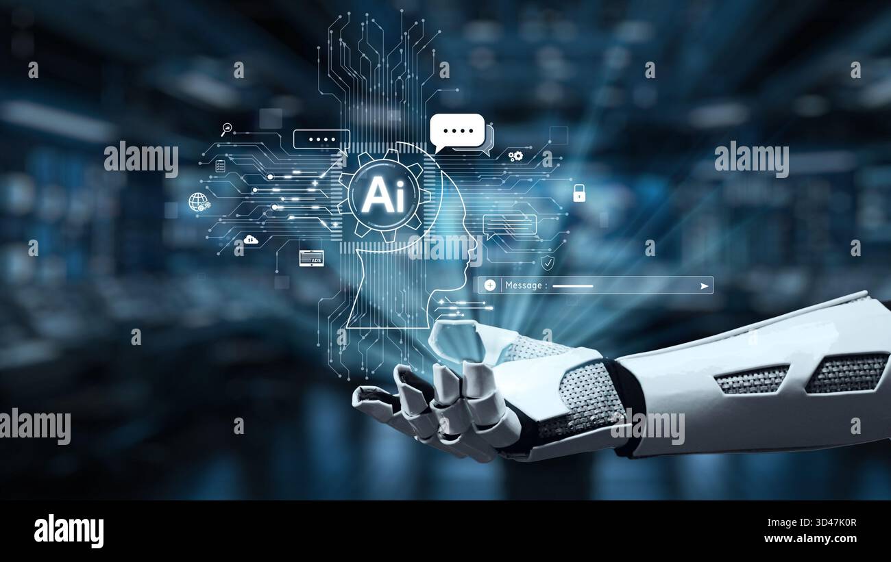 A robotic hand showcases AI technology against a futuristic backdrop ...
