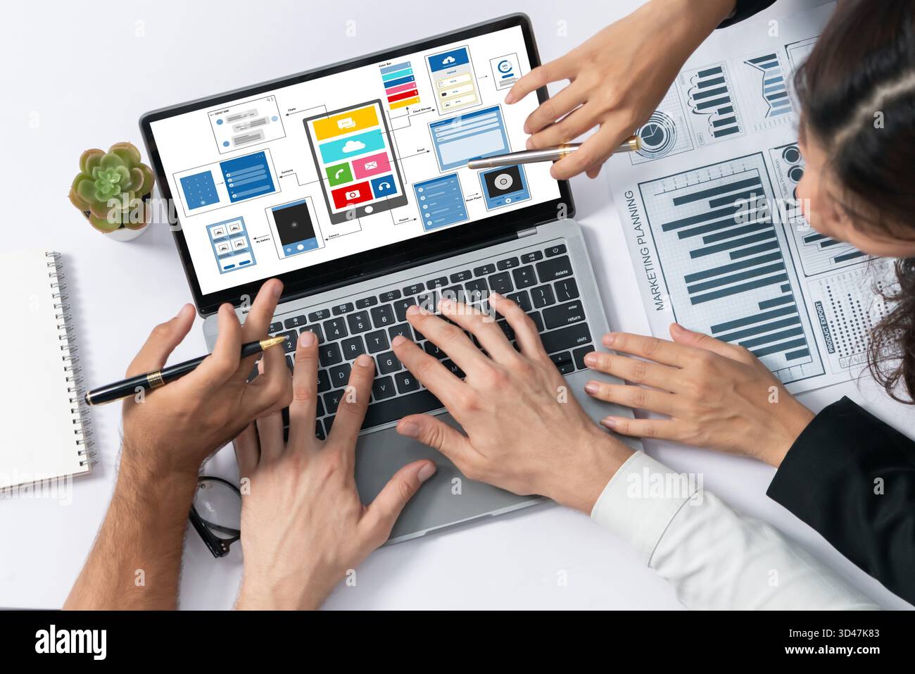 UX UI design process for brisk mobile application and website . Creative prototype of wireframe for professional app developer . Stock Photo
