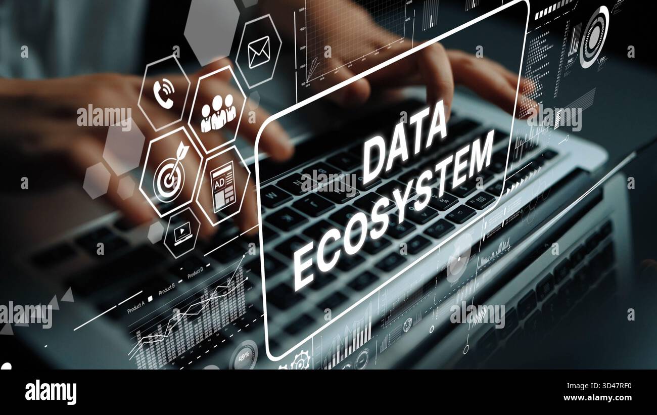 Hands on Laptop Keyboard with Data Ecosystem Concept and Technology Interface Graphics in Modern Workspace. Asymptotic smart data analytic. Stock Photo