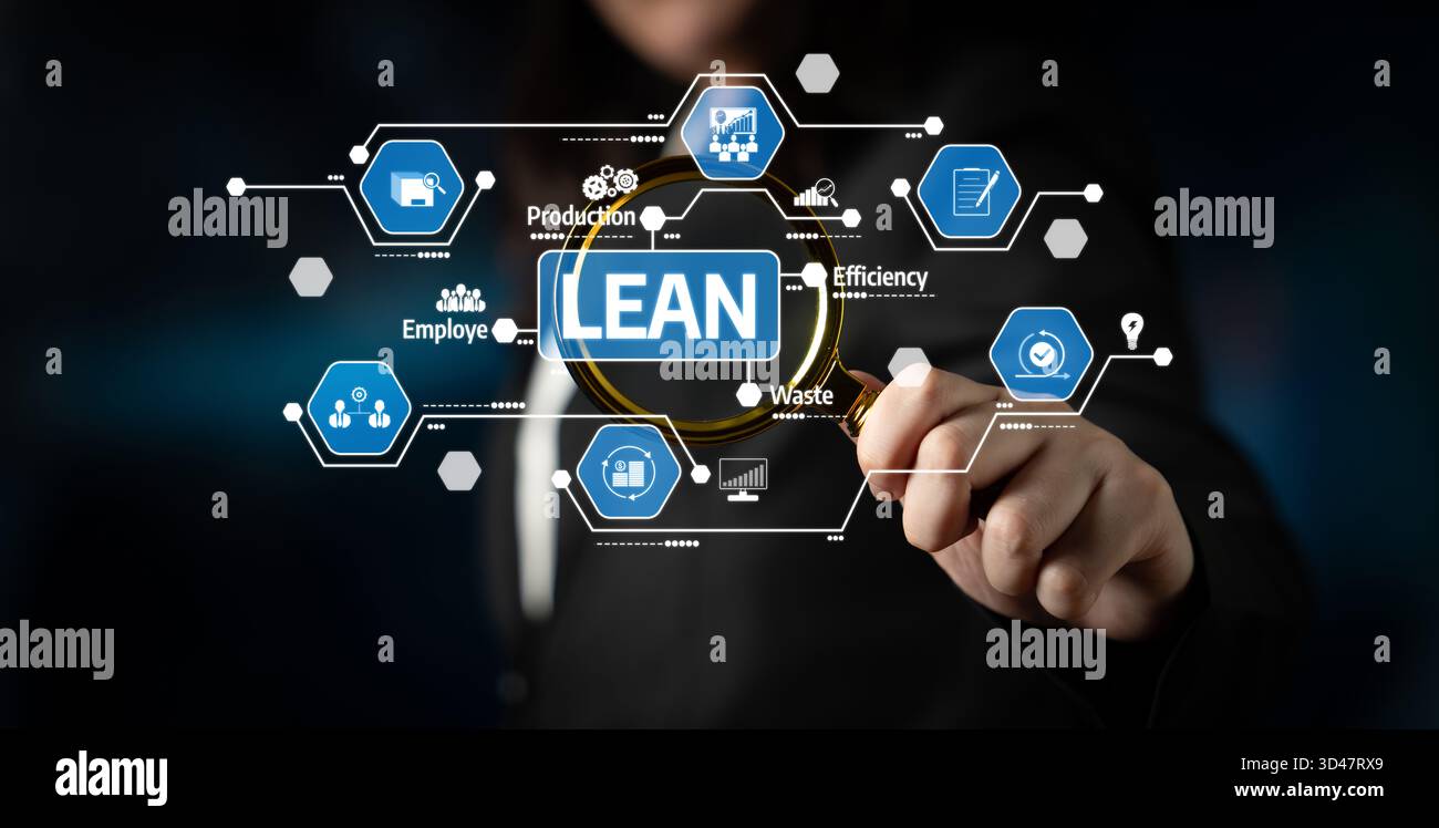 A business professional demonstrates lean management principles ...