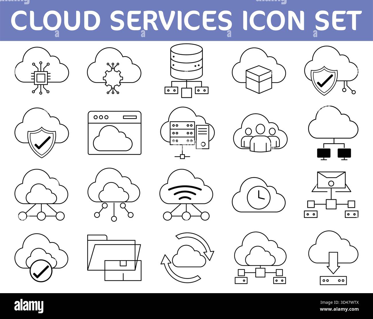 Cloud Services Line Art Icon Set. Computing, Data Storage, Networking, and Database Vector Symbols for Modern Technology and IT Infrastructure. Stock Vector