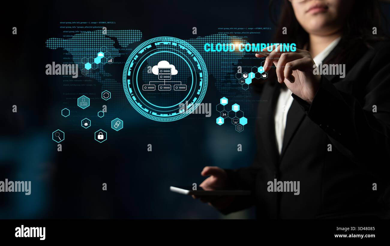 Global cloud computing platform providing services for software development. A worldwide network for data storage, security, and application hosting Stock Photo