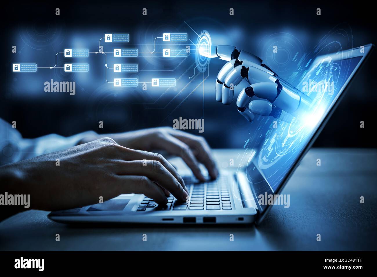 AI enhances blockchain systems by securing encrypted data chains, verifying transactions, and optimizing decentralized network integrity and smart Stock Photo