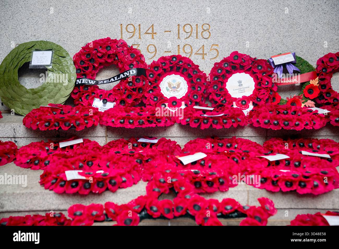 Wreaths laid at the Stone of Remembrance during a Remembrance Sunday ...