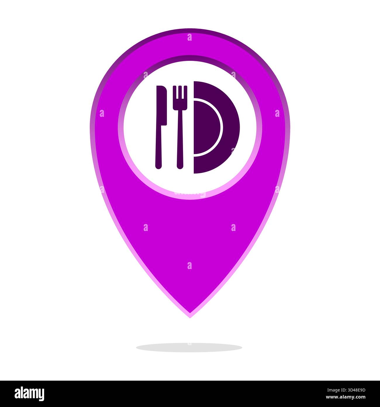 Restaurant location pin. Purple map symbol. Plate with utensils. Vector ...